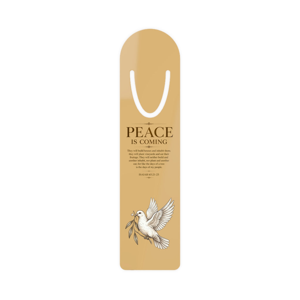 Inspirational Christian aluminum bookmark featuring the message “Peace Is Coming” inspired by Isaiah 65:21-25 with minimalist arch artwork, brushed metal backing, and secure page-holding slot.