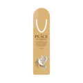 Inspirational Christian aluminum bookmark featuring the message “Peace Is Coming” inspired by Isaiah 65:21-25 with minimalist arch artwork, brushed metal backing, and secure page-holding slot.