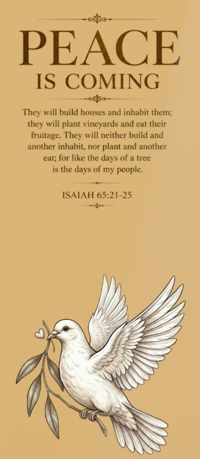Inspirational Christian aluminum bookmark featuring the message “Peace Is Coming” inspired by Isaiah 65:21-25 with minimalist arch artwork, brushed metal backing, and secure page-holding slot.