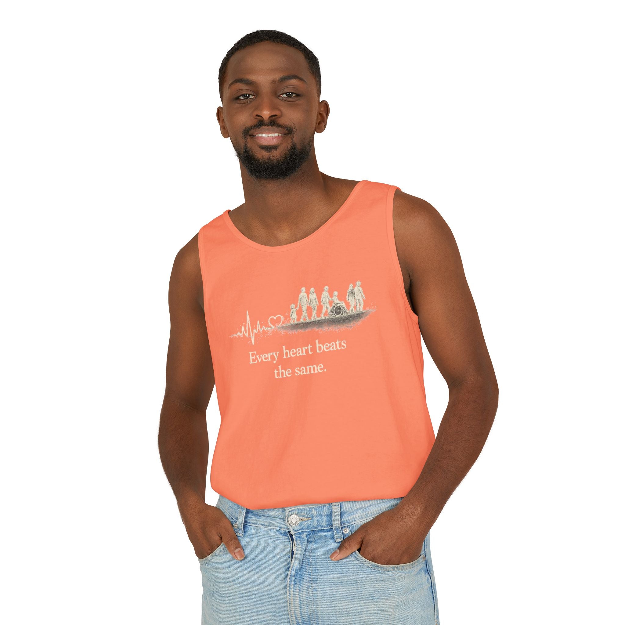 “Every Heart Beats the Same” Vintage Surf Tank Top – Garment-Dyed Coastal Unity Tank