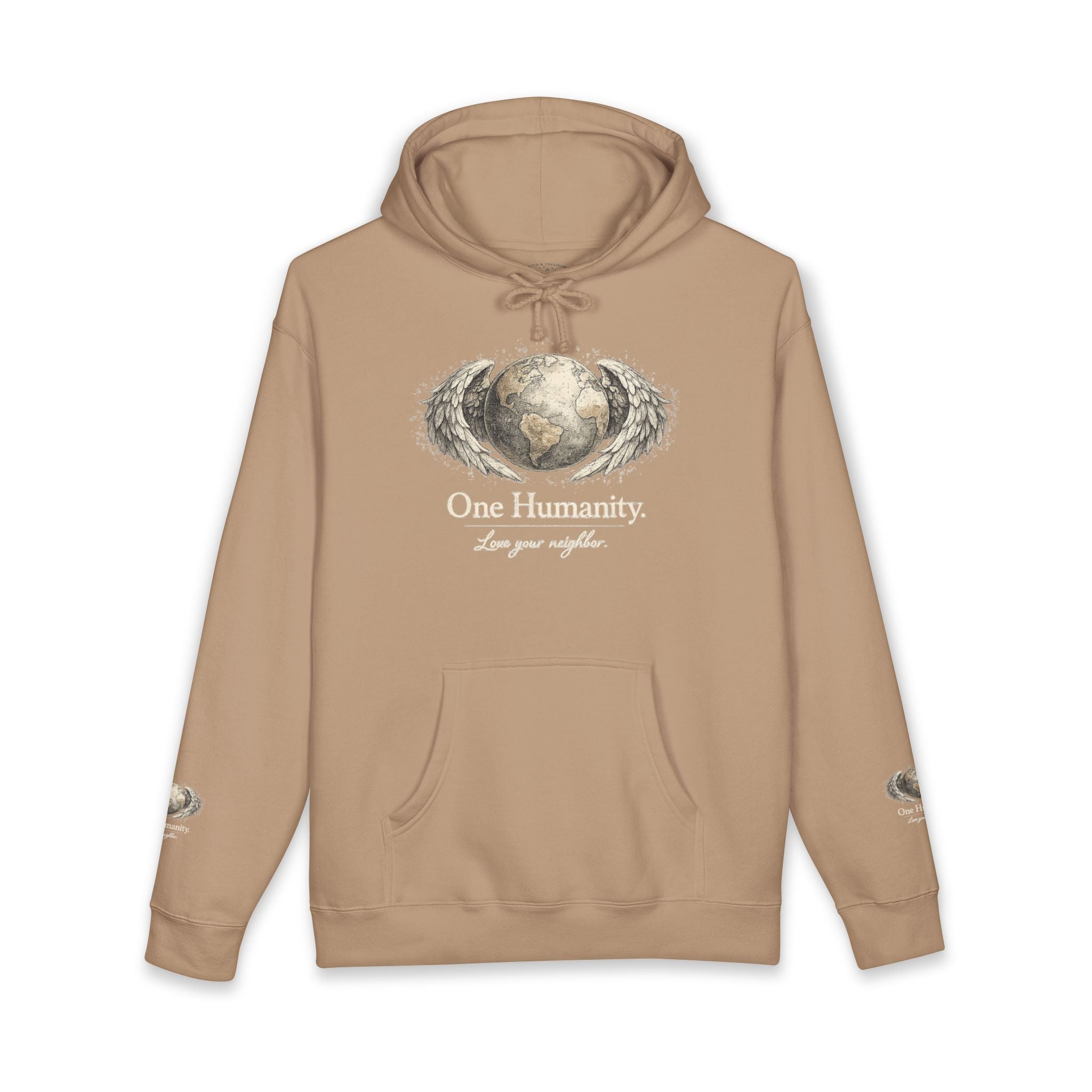 “One Humanity” Hoodie – “Love Your Neighbor” Earth & Wings Graphic Sweatshirt