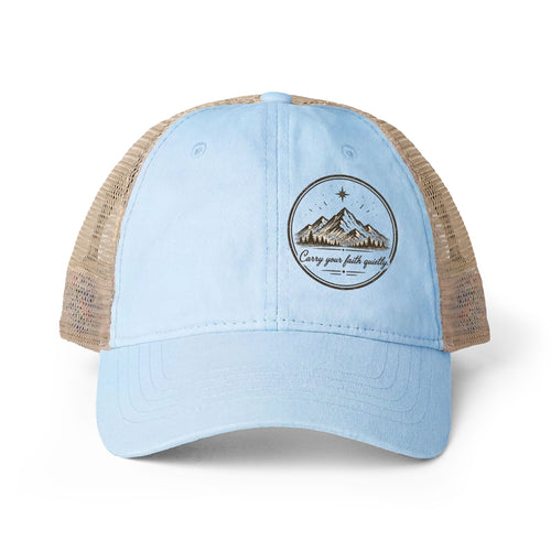 Women’s washed mesh-back Christian cap featuring the phrase “Carry Your Faith Quietly” with vintage styling and concealed ponytail opening.
