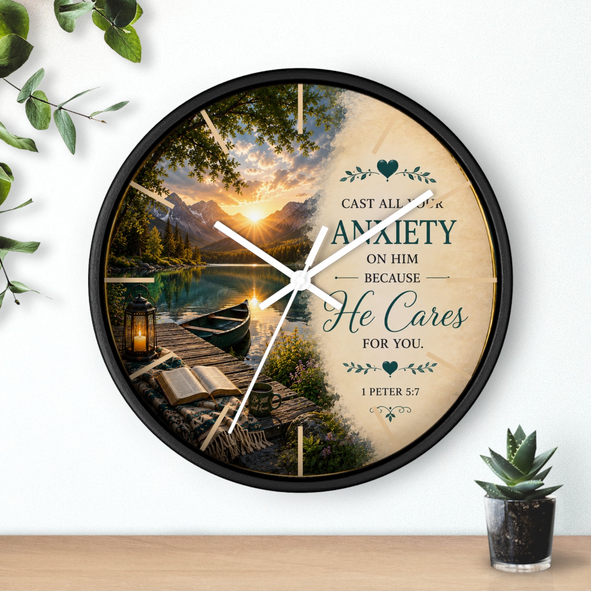 Inspirational Christian wall clock featuring a peaceful lakeside sunrise with a dock, canoe, and 1 Peter 5:7 scripture about casting anxiety on Him.