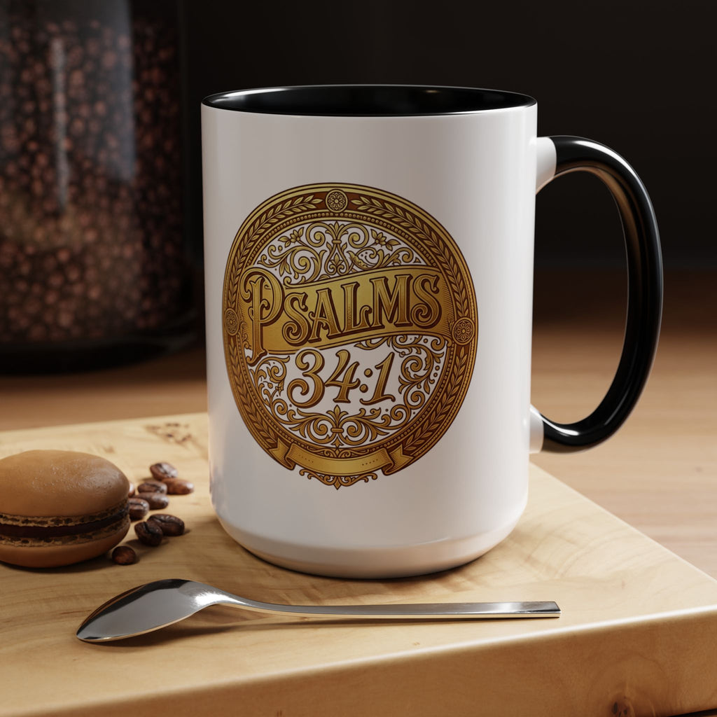 Inspirational Christian ceramic accent coffee mug featuring Psalm 34:1 in an ornate gold medallion design with colorful handle and interior accents.