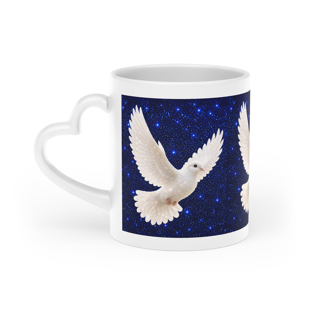 White ceramic heart-shaped handle mug featuring elegant white doves flying across a deep midnight-blue starry sky with vibrant wraparound artwork.