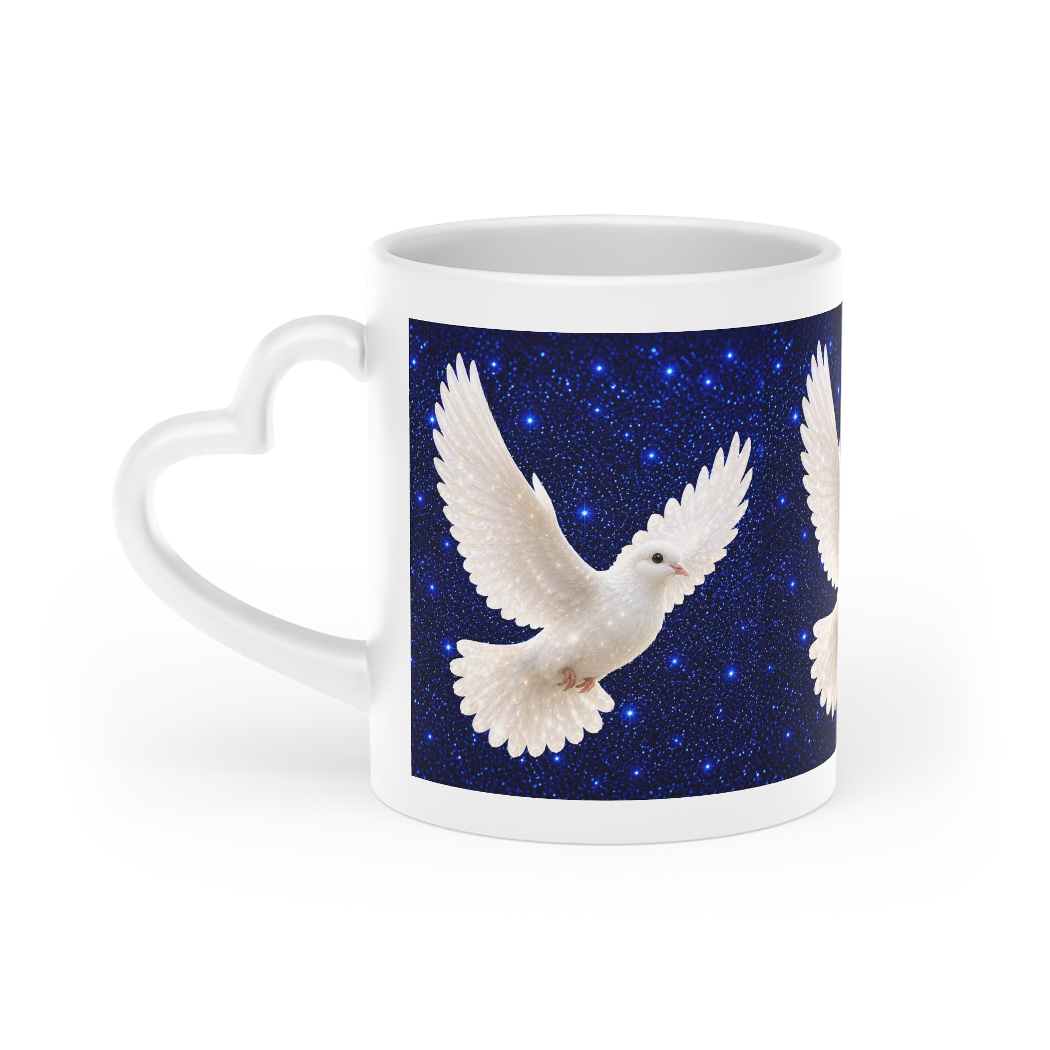 White ceramic heart-shaped handle mug featuring elegant white doves flying across a deep midnight-blue starry sky with vibrant wraparound artwork.