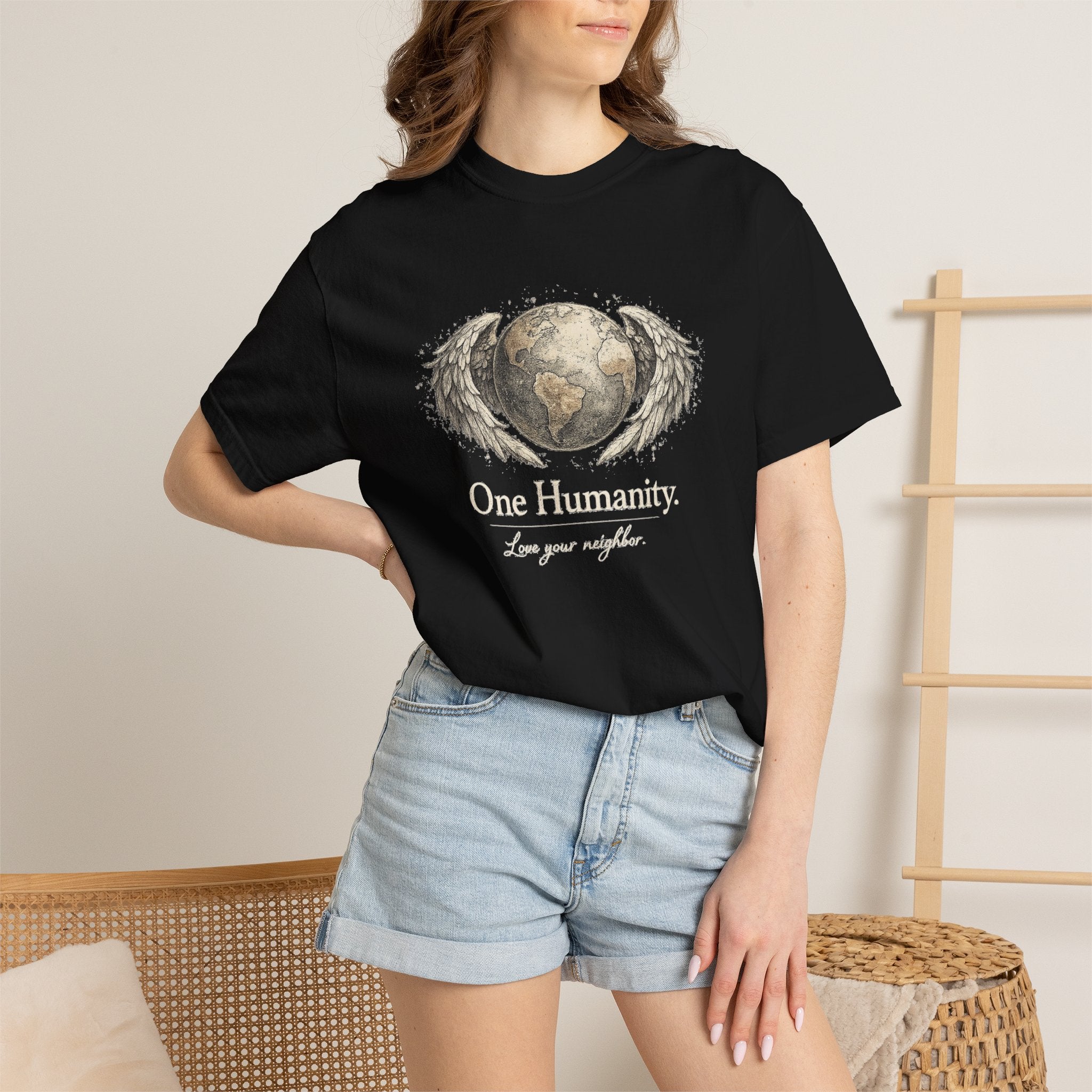 One Humanity T-Shirt – “One Humanity. Love Your Neighbor.” Earth Wings Graphic Tee