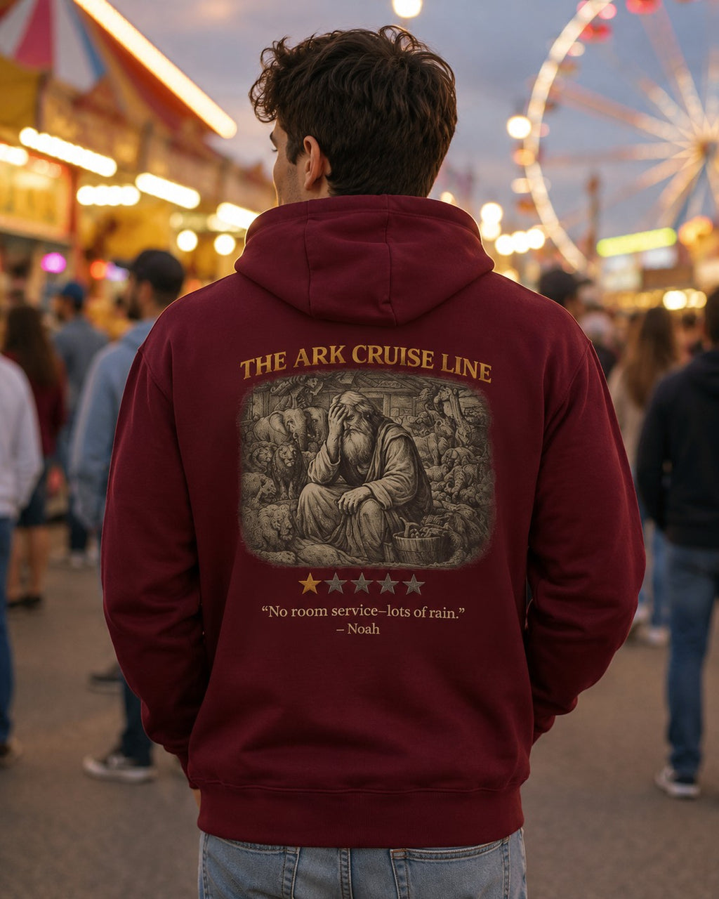 Back view of a red hooded sweatshirt featuring “The Ark Cruise Line” in gold lettering above a vintage illustration of Noah surrounded by animals aboard the ark. Below the artwork is a one-star rating and the playful quote, “No room service—lots of rain.” The design combines biblical storytelling with lighthearted humor in the signature Five-Star Faith Series™ style.