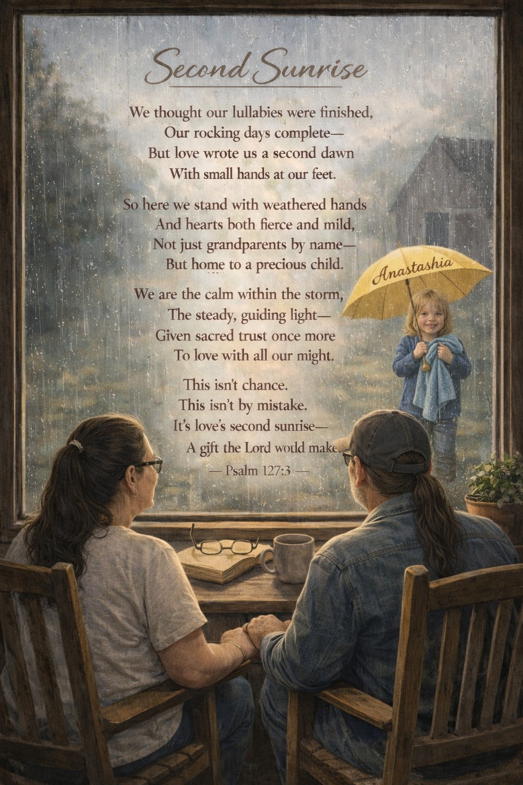Framed canvas wall art featuring the Second Sunrise grandparents poem with warm family-inspired artwork celebrating faith, love, legacy, and generations.