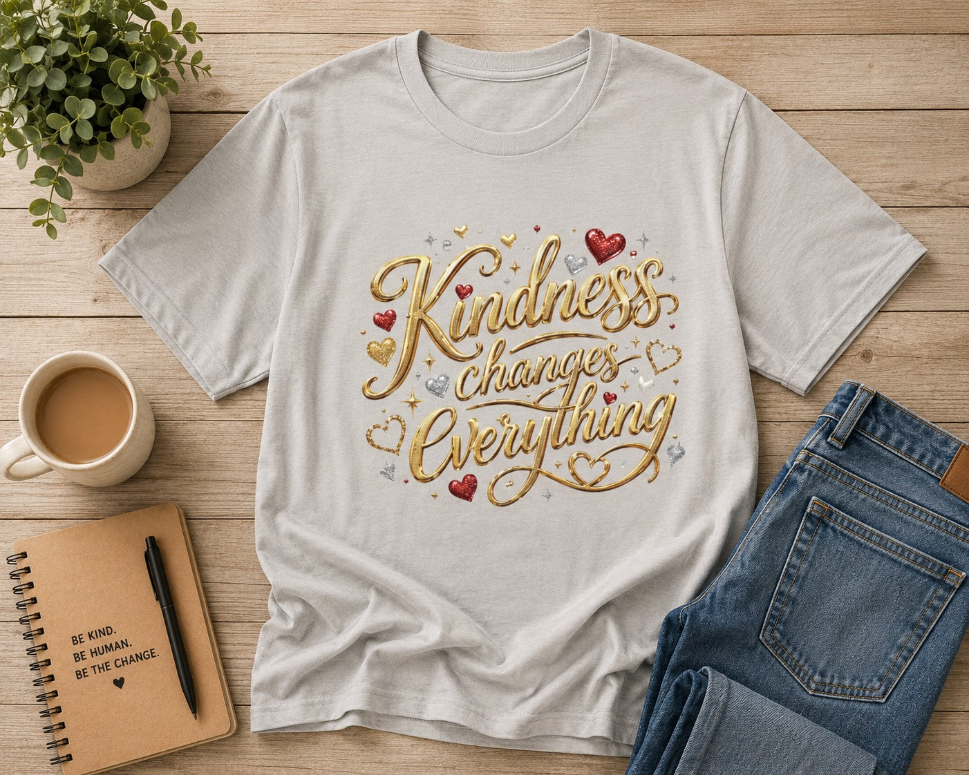 Inspirational t-shirt featuring gold script reading “Kindness Changes Everything” with subtle heart accents and a small heart embrace illustration on the upper back.