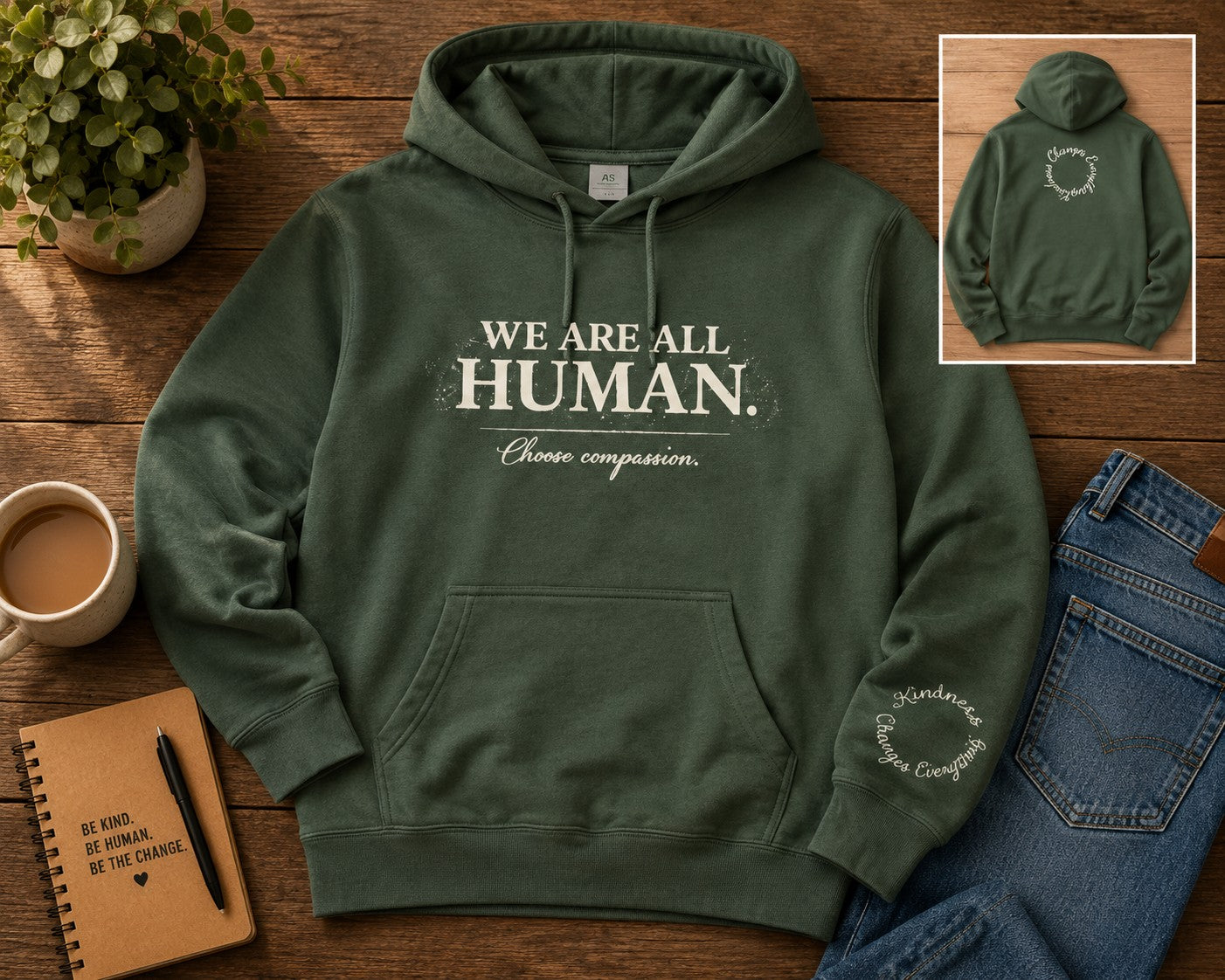 “We Are All Human” Pigment-Dyed Hoodie – Inclusive Comfort Pullover | Inspirational Minimalist Hoodie