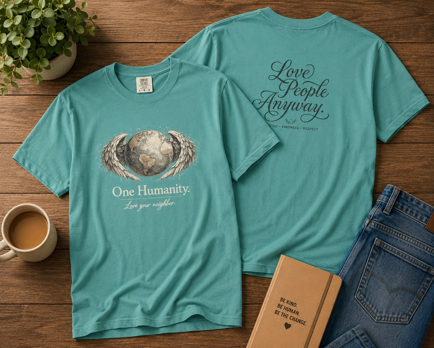 One Humanity T-Shirt – “One Humanity. Love Your Neighbor.” Earth Wings Graphic Tee