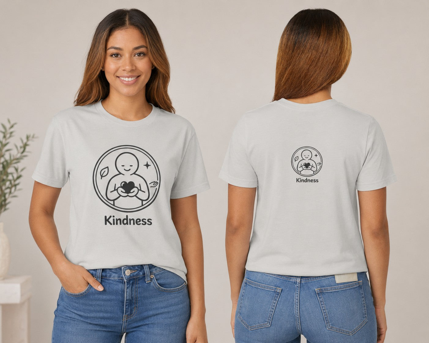 Minimalist inspirational t-shirt featuring a simple line-art heart emblem and the word “Kindness” on a soft lightweight casual tee.