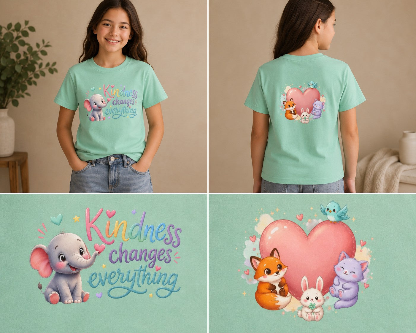 Youth inspirational t-shirt featuring a pastel elephant, tiny hearts, forest friends, and the phrase “Kindness Changes Everything” in cheerful lettering.