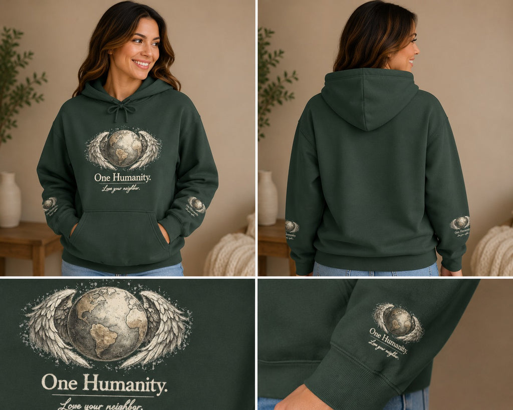 “One Humanity” Hoodie – “Love Your Neighbor” Earth & Wings Graphic Sweatshirt