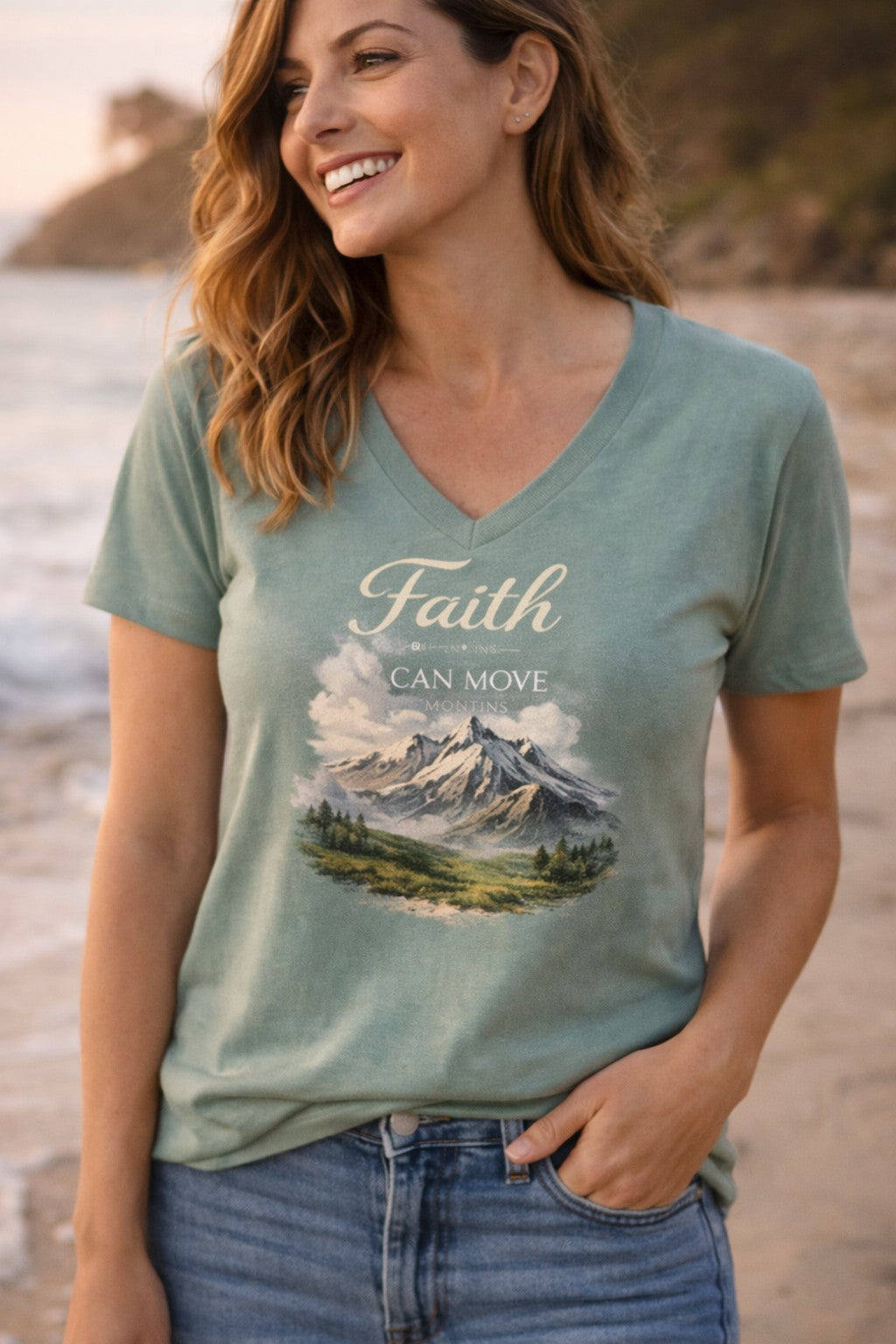 Women’s V-Neck T-Shirt | “Faith Can Move Mountains” Graphic – Five-Star Faith Series
