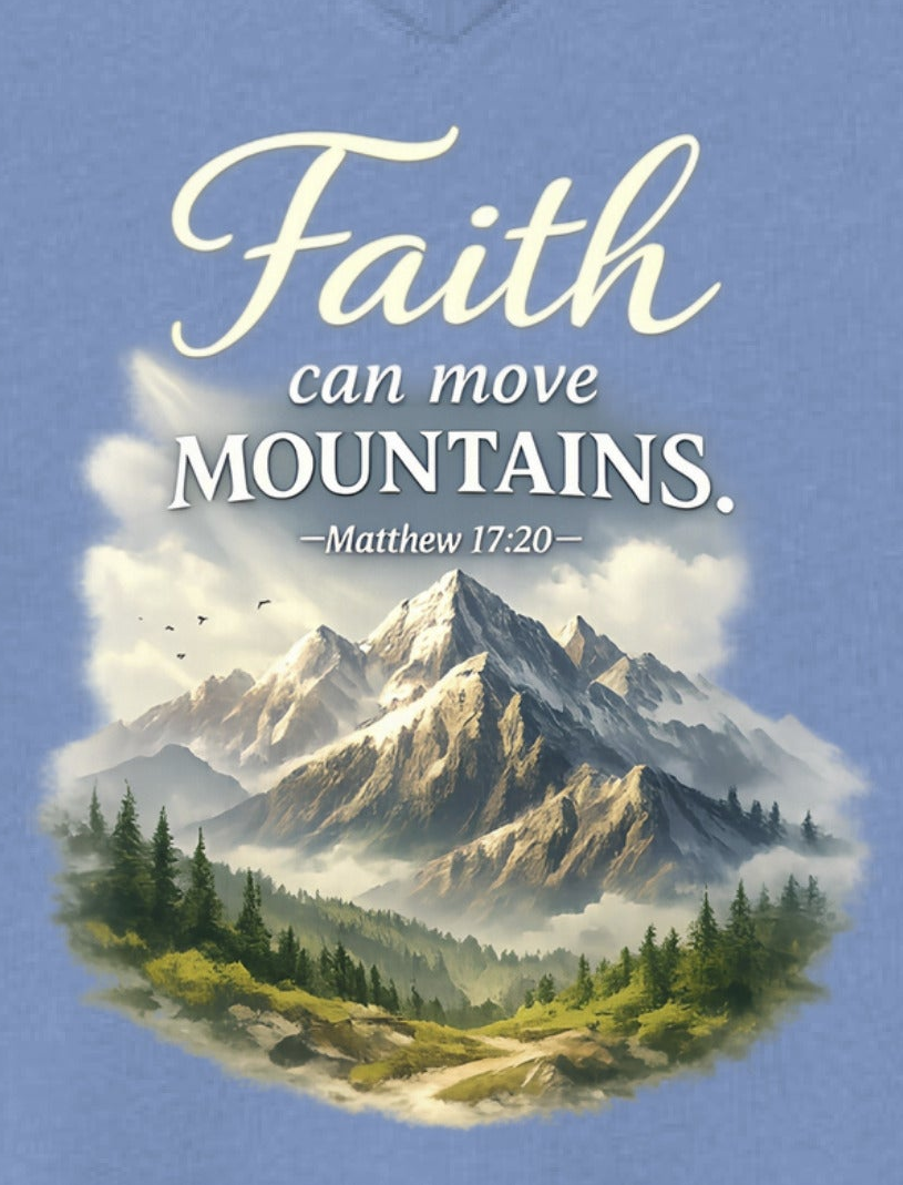 Women’s V-Neck T-Shirt | “Faith Can Move Mountains” Graphic – Five-Star Faith Series