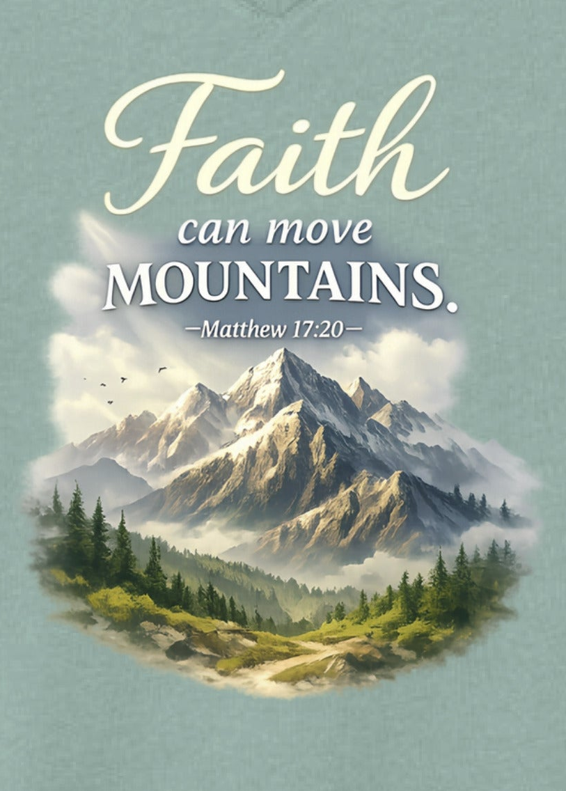 Women’s V-Neck T-Shirt | “Faith Can Move Mountains” Graphic – Five-Star Faith Series